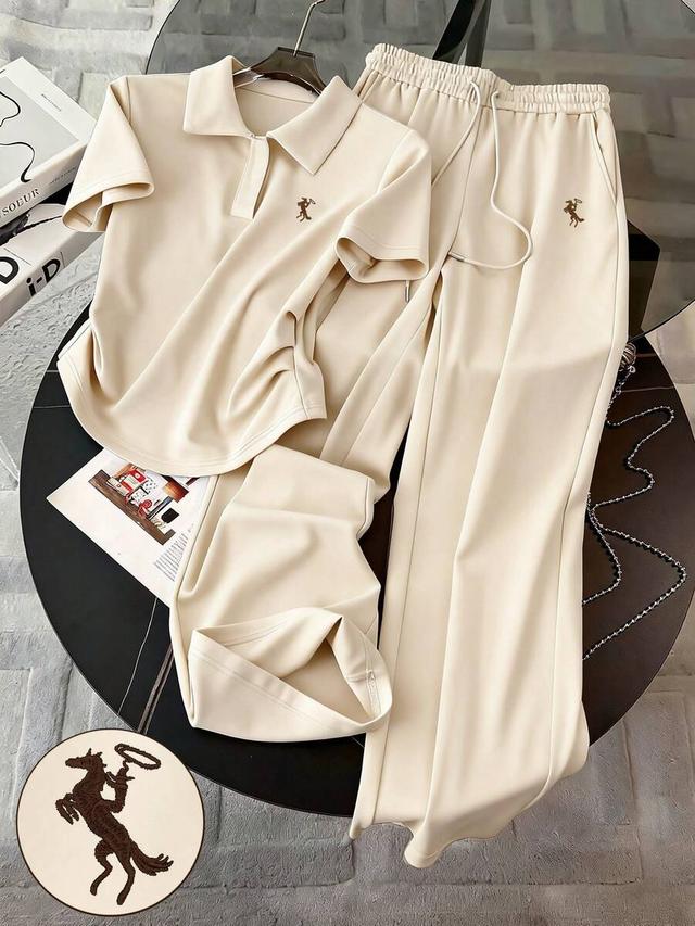 minimalist beige polo collar embroidered t-shirt