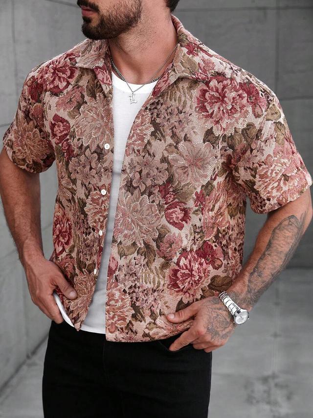 floral print jacquard short sleeve button shirt