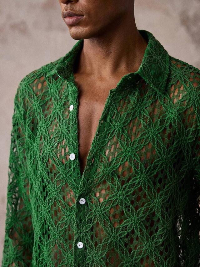 aknotic green open-knit casual short sleeve shirt