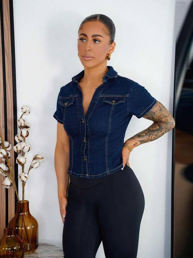 dark wash denim button-up short sleeve shirt