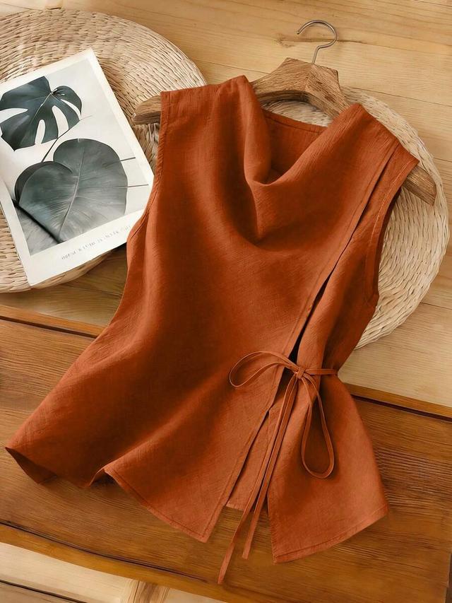 rust orange sleeveless wrap tie waist linen top