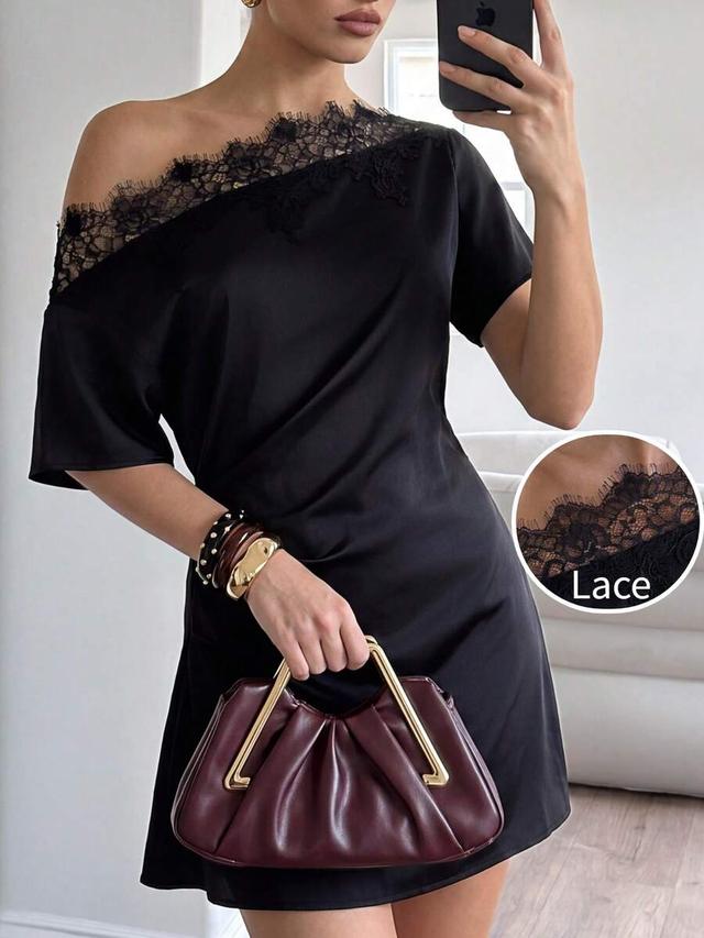 elegant black satin mini dress with lace trim
