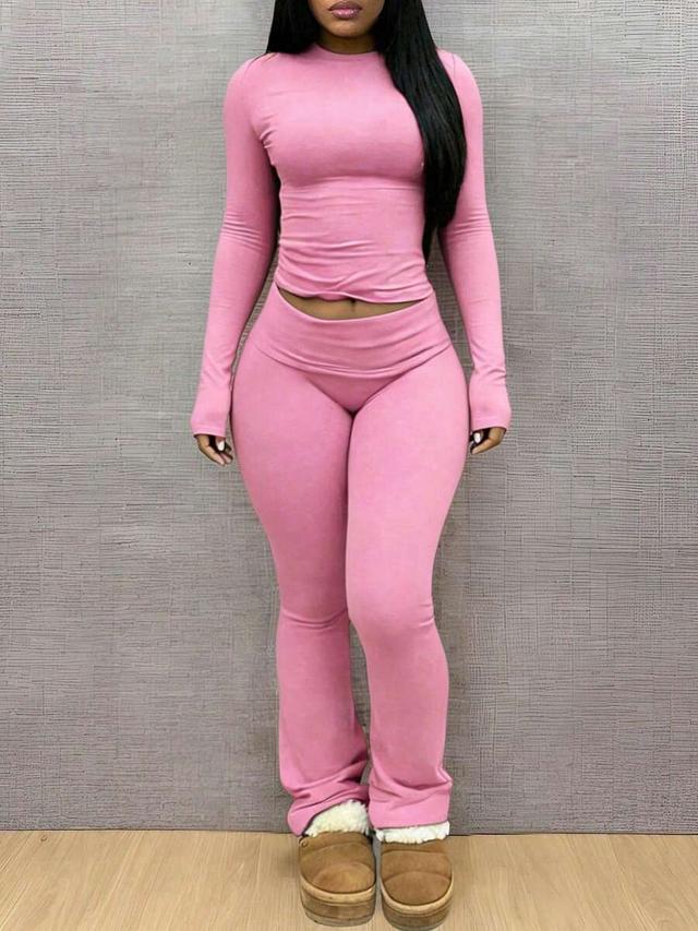 pink solid color long sleeve top and pants set