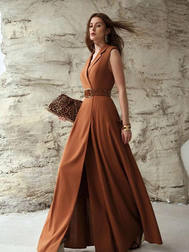 motf premium women's linen collared padded shoulder flared dress