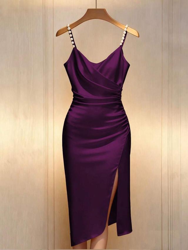 elegant purple satin bodycon dress with pearl straps