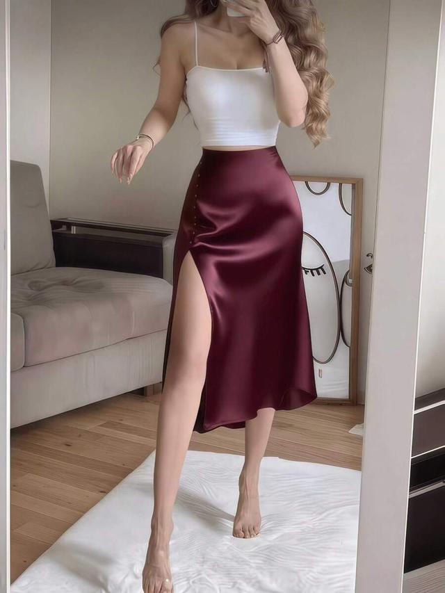 burgundy satin high-waist high-slit button decor midi skirt