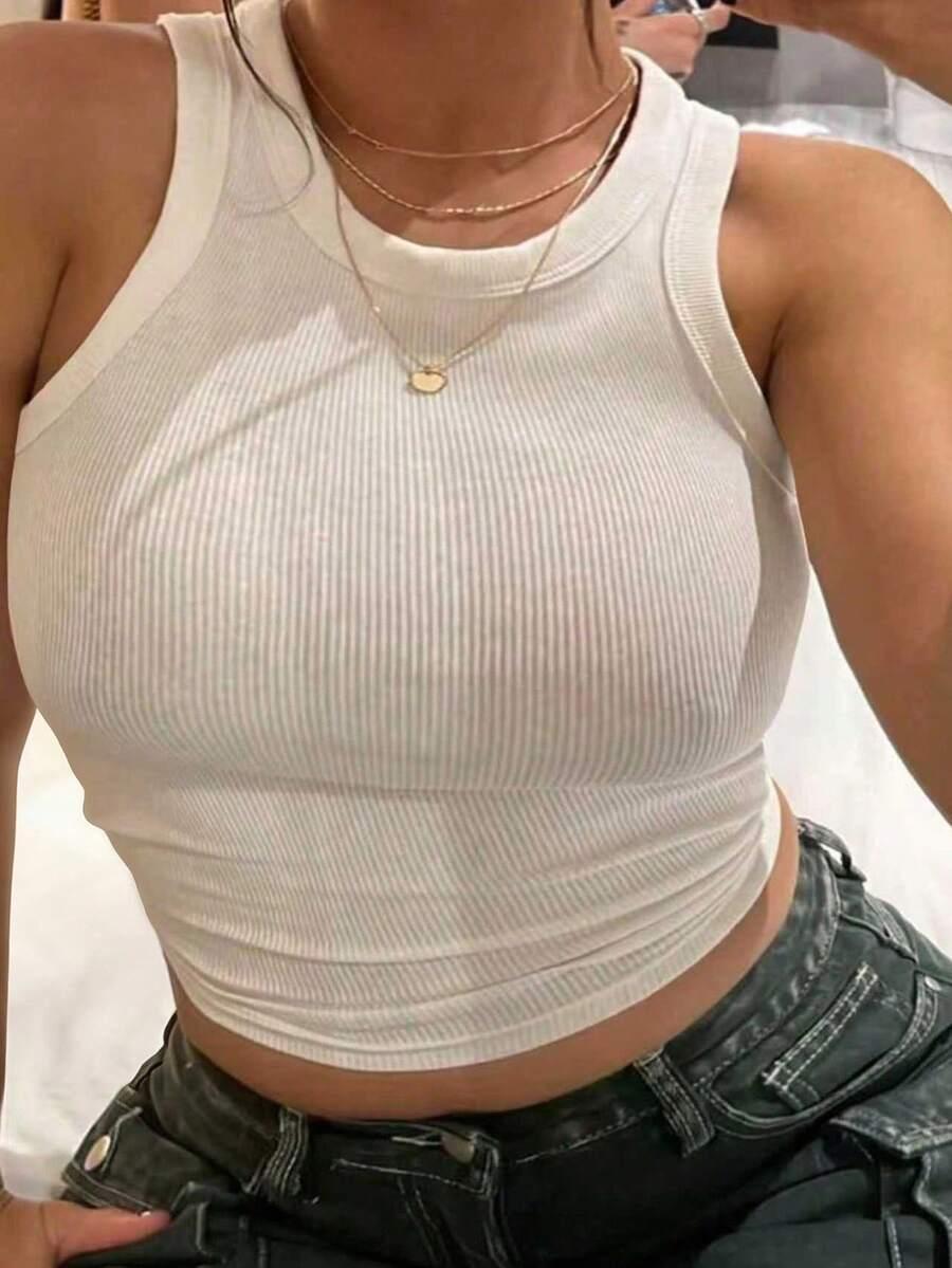 inawly solid color ribbed knit fitted tank top