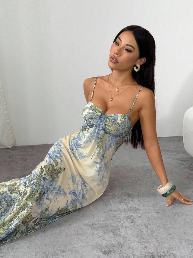floral print satin midi slip dress