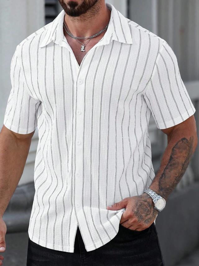 casual striped short sleeve button-down shirt