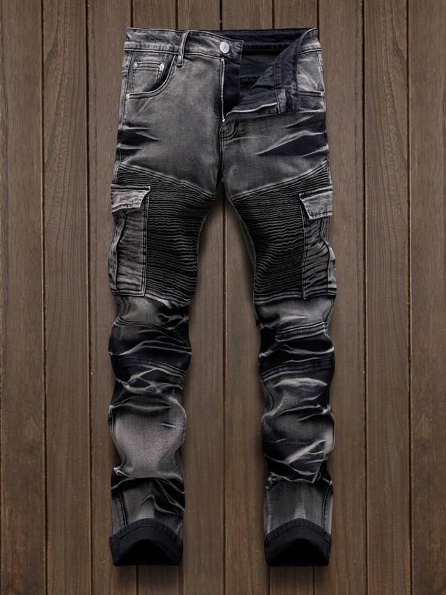grey washed slim fit motorcycle cargo jeans