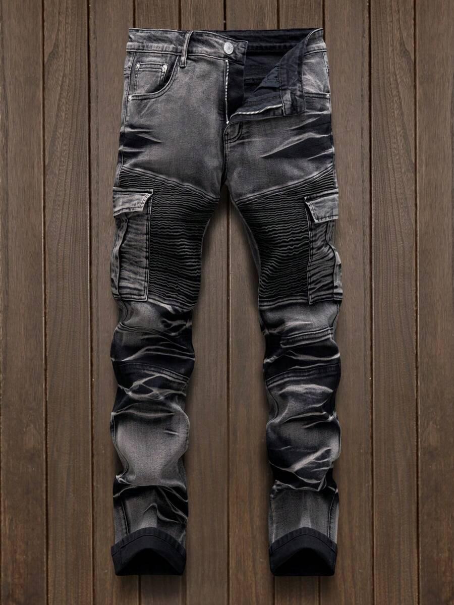grey washed slim fit motorcycle cargo jeans