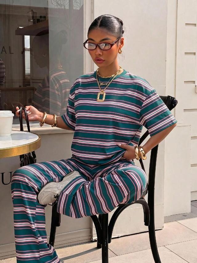 women's loose striped crew neck short sleeve set
