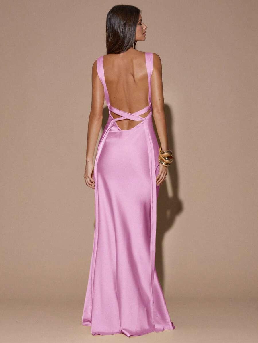 elegant dusty mauve deep v-neck backless tie dress