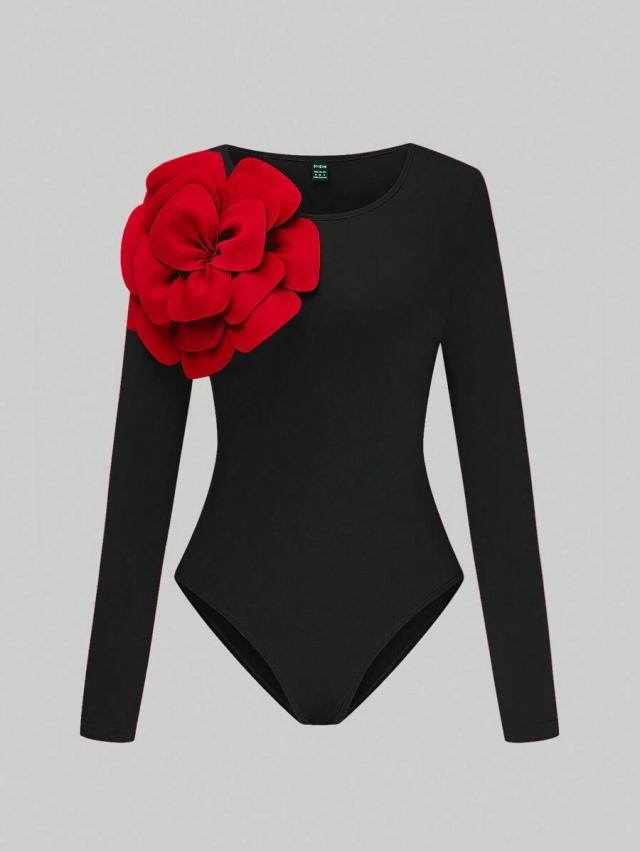 black long sleeve round neck floral applique bodysuit