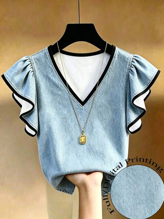 franclia women's summer casual denim effect print ruffle trim top