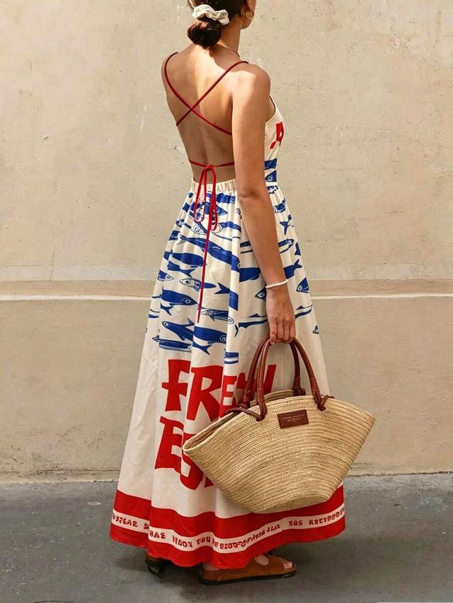 bohemian colorblock fish print sleeveless vacation dress