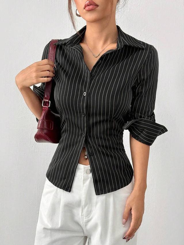 black and white striped woven long sleeve shirt