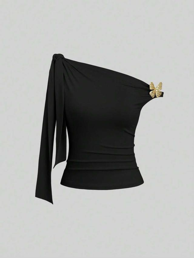 black one shoulder tie strap fitted blouse