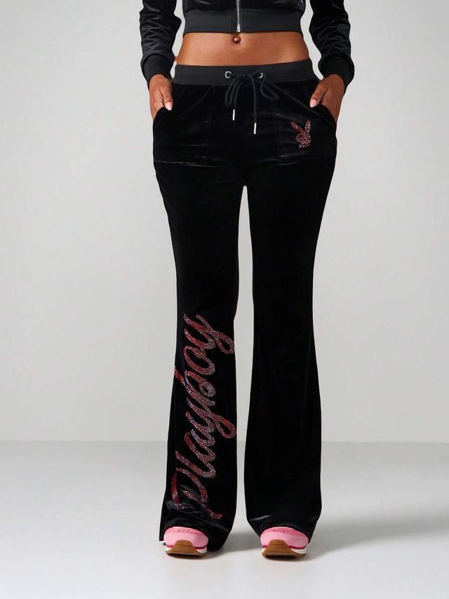black velvet flare sweatpants with rhinestone logo