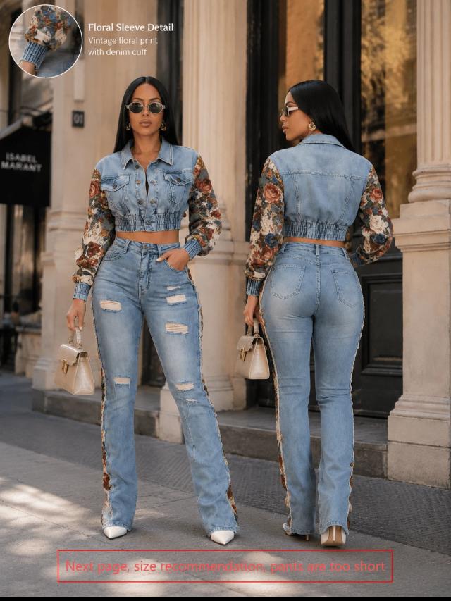 floral denim coord set with cropped jacket and jeans