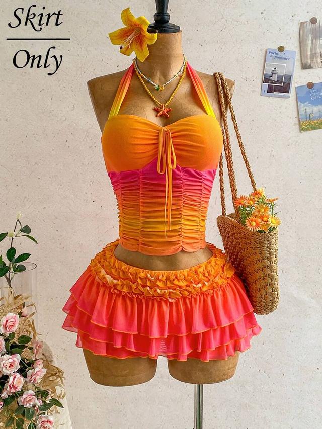 orange and pink pleated tiered mini skirt