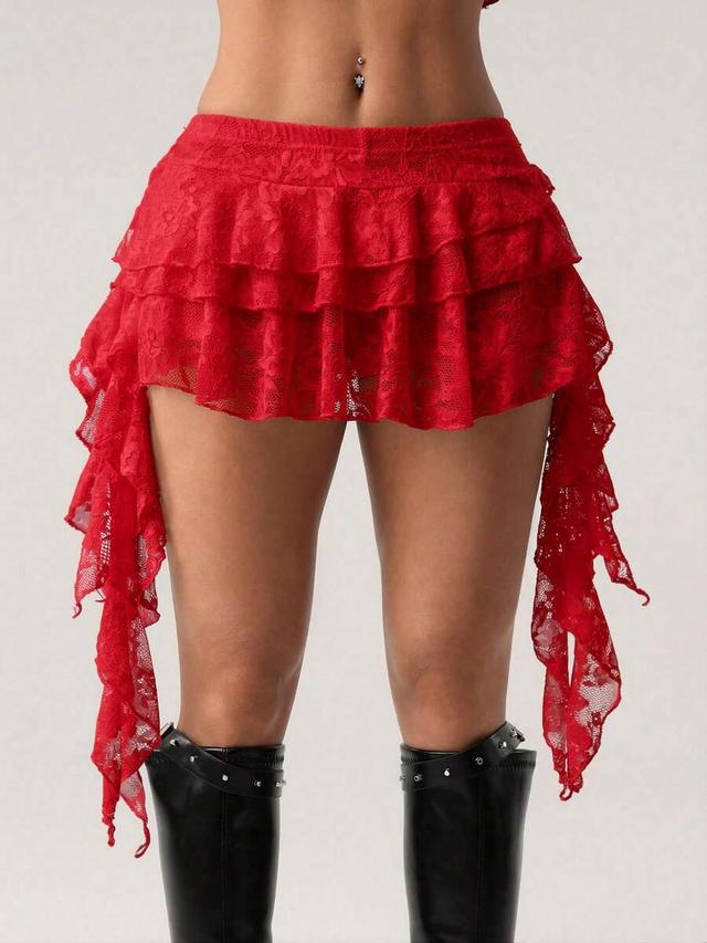 red lace ruffle hem mini skirt