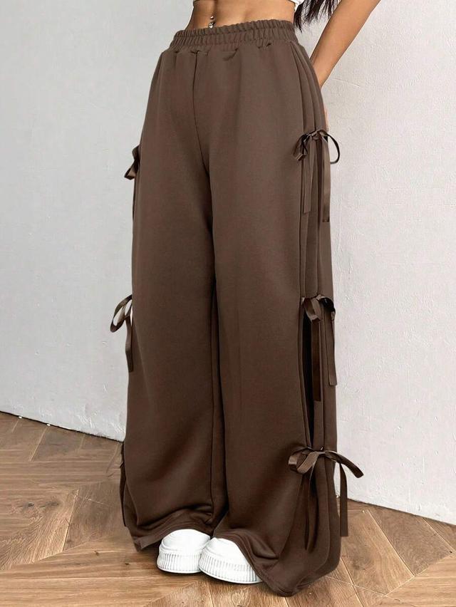 brown casual sports sweatpants with bowknot drawstring