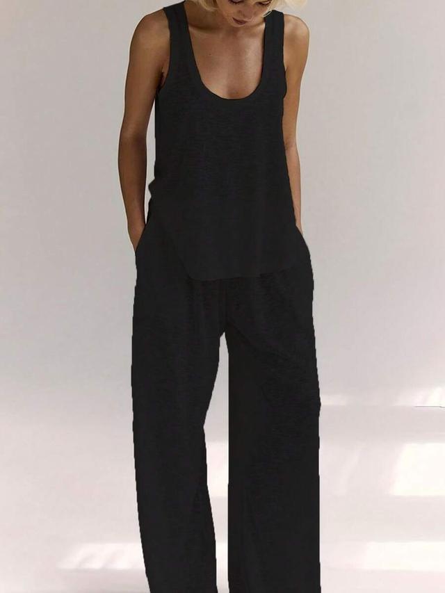 women's casual solid black lightweight polyester tank and pants set