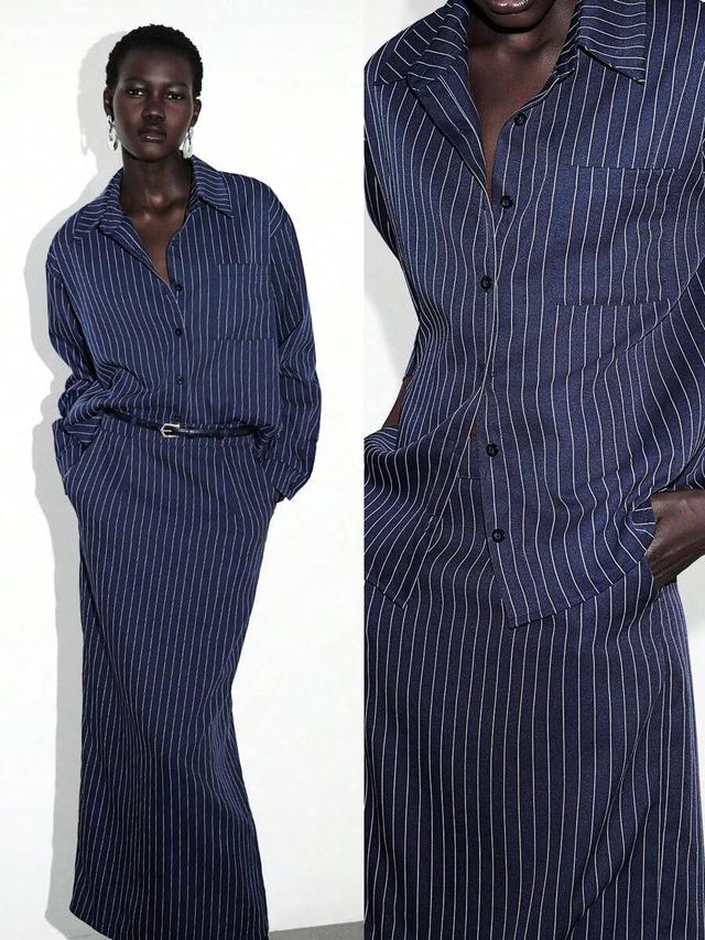 navy blue pinstriped button-up shirt and matching midi skirt