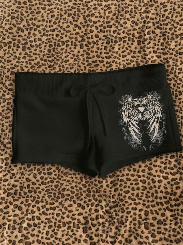 black drawstring slim fit shorts with wing print