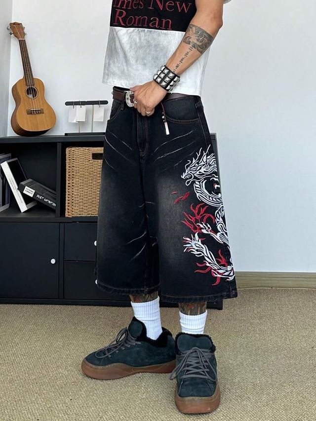 embroidered dragon loose straight leg denim shorts