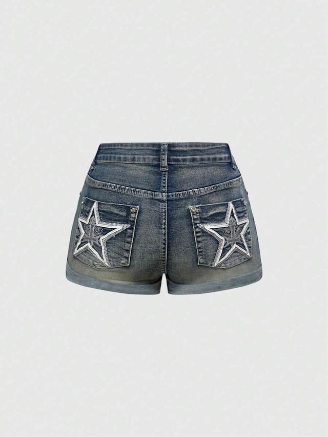 distressed denim shorts with embroidered star back pockets