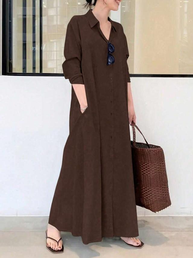 brown solid color relaxed button front shirt dress