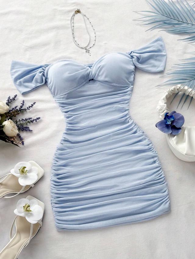 soft blue ruched off-shoulder mini dress