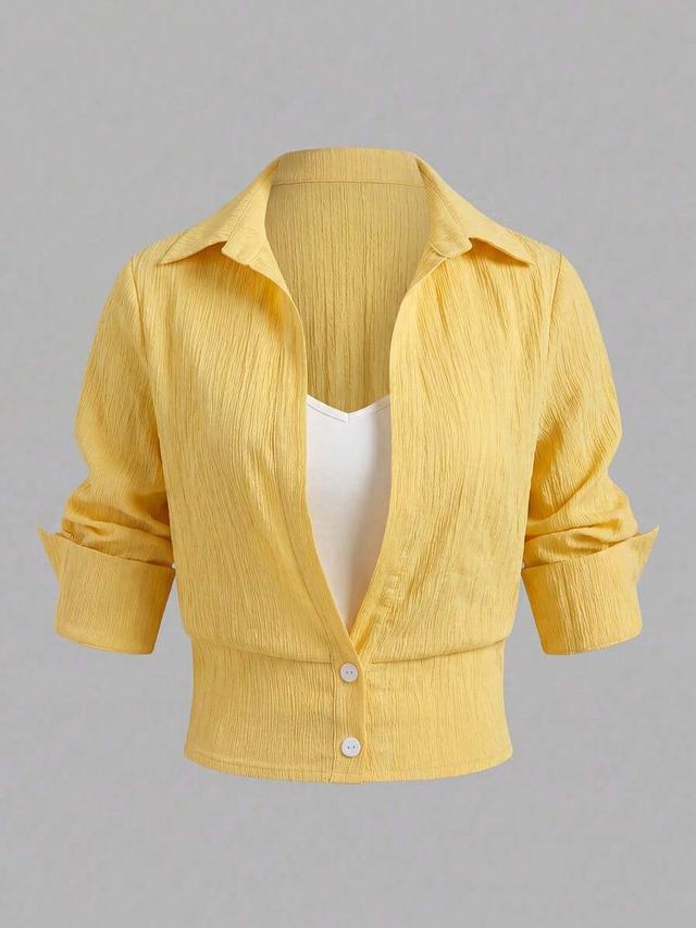 yellow textured button-down cropped shirt
