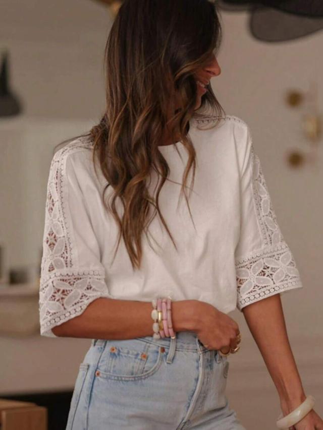 hollow lace patchwork round neck short sleeve white top