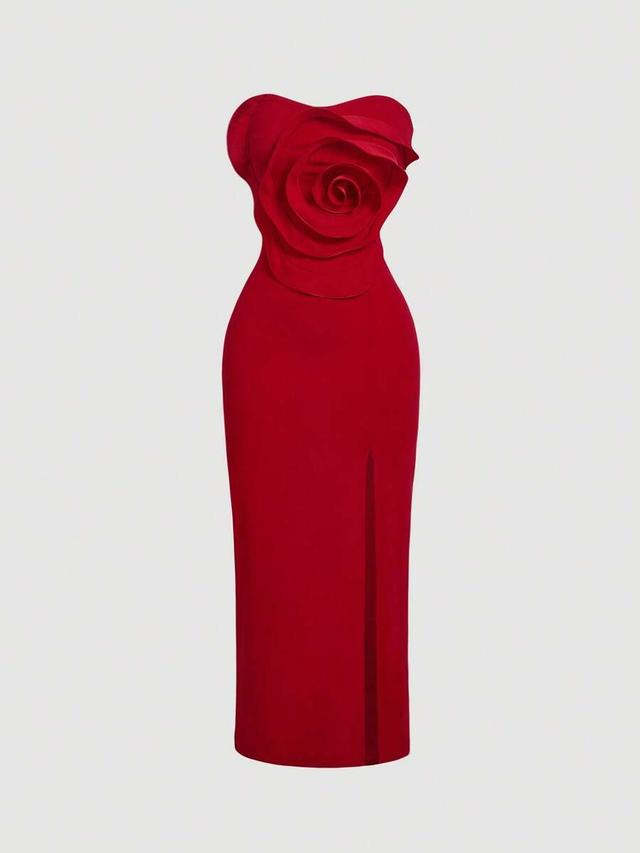 red strapless bodycon dress with large floral applique