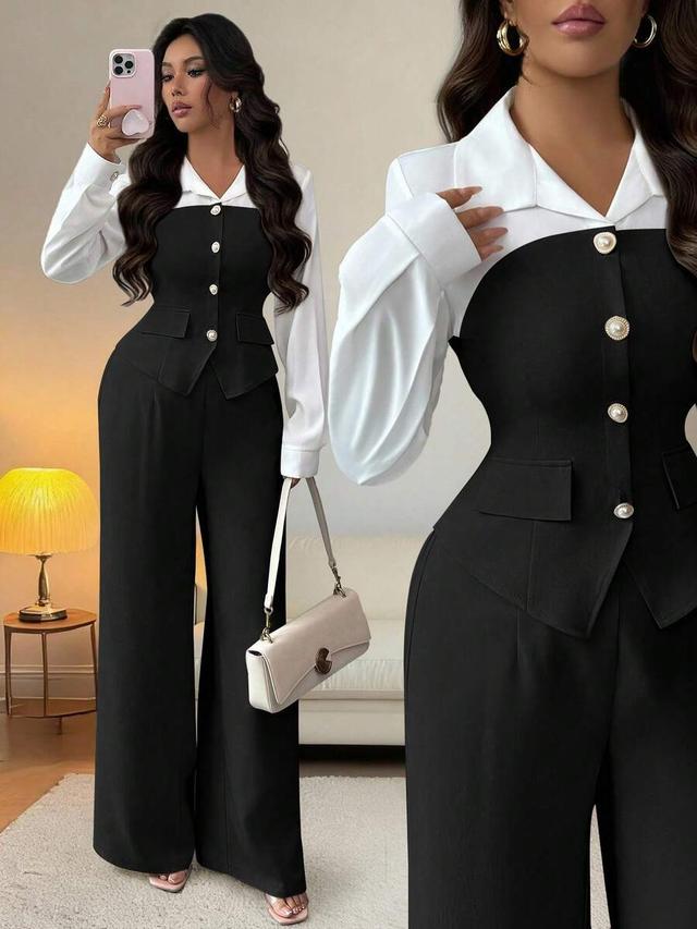 black and white pearl button splice long sleeve shirt