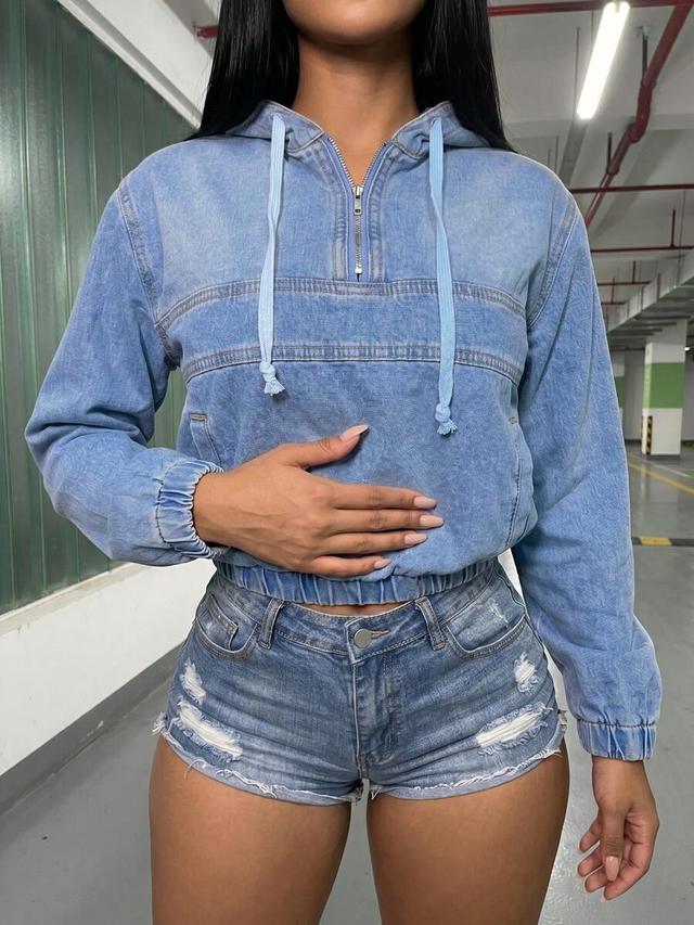 women's casual denim hoodie cropped streetwear top