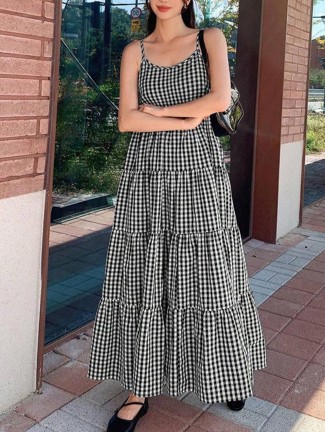 dazy star gingham print ruffle hem cami dress