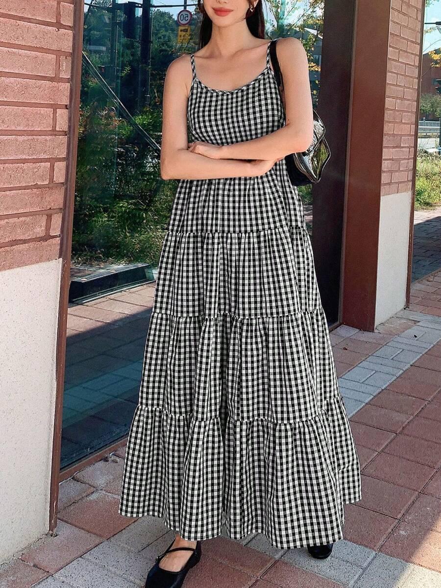 dazy star gingham print ruffle hem cami dress