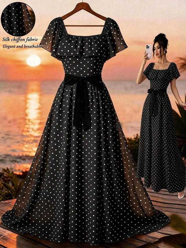 black polka dot ruffle square neck waist tie dress