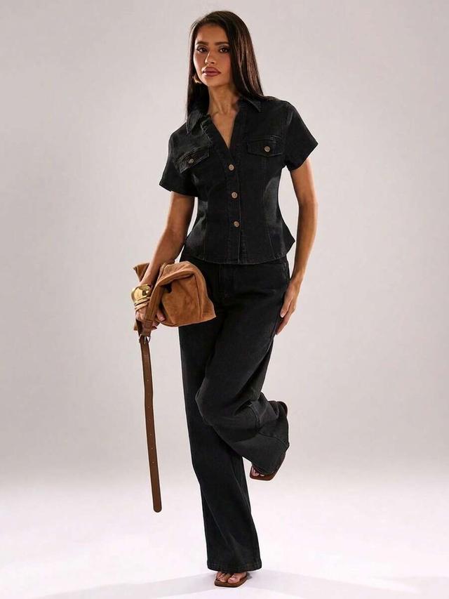 black denim short sleeve shirt and wide leg jeans