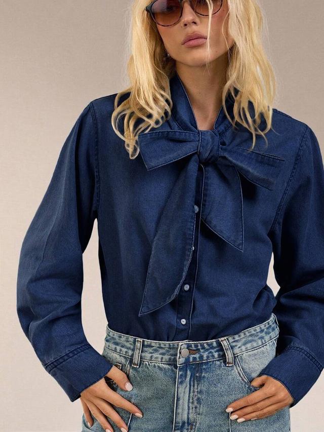 dark wash denim pussybow blouse with long sleeves