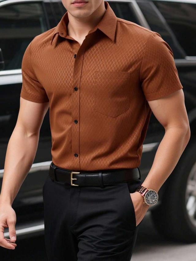 geometric jacquard short sleeve formal shirt in brown