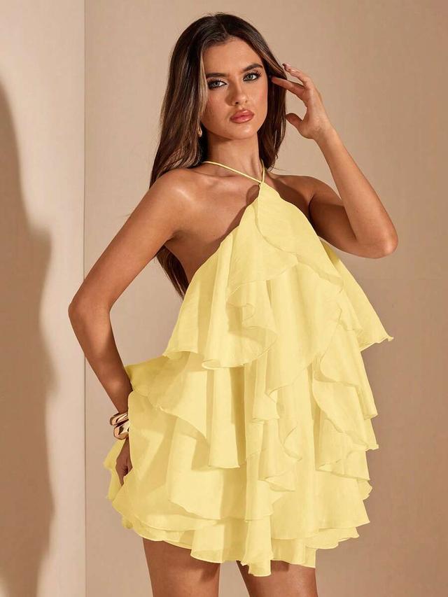 yellow ruffle hem multi-layer backless mini dress