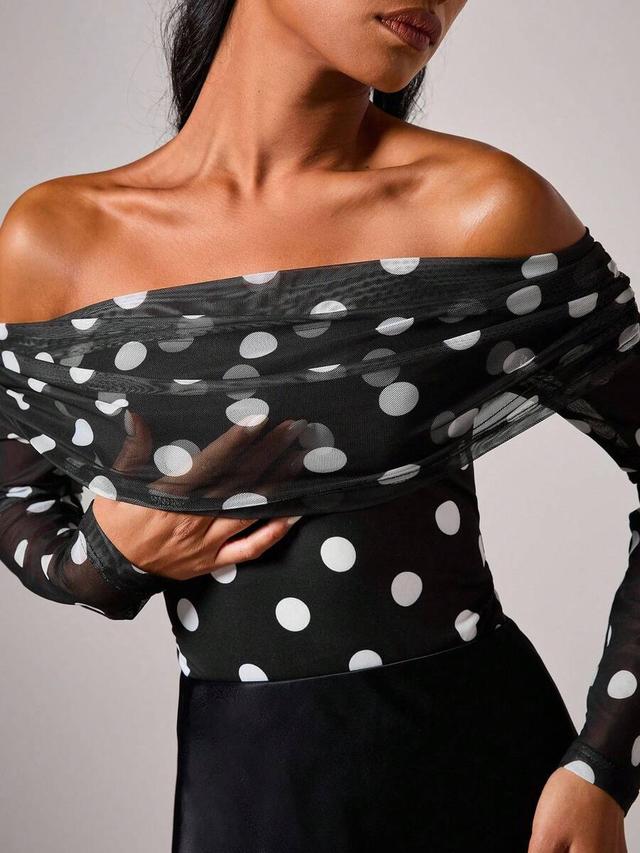 polka dot mesh off-shoulder long sleeve top