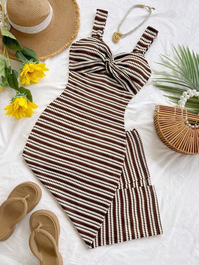 brown and white striped knit midi dress