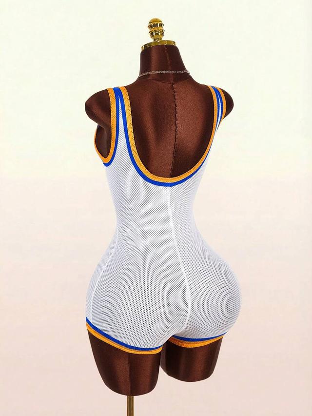 white athletic mesh bodysuit with blue and orange trim