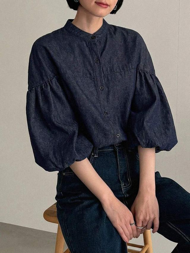 casual dark denim lantern sleeve button-up shirt